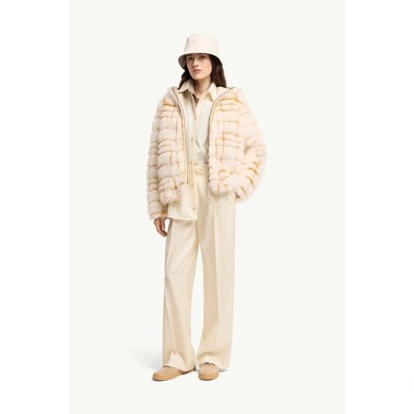 Moncler Pluvier Short Padded Jacket in Off White & Yellow, view 2 | Women's Puffer Jackets | Coveti