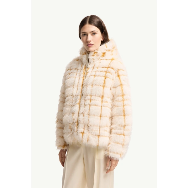 Moncler Pluvier Short Padded Jacket in Off White & Yellow, view 4 | Women's Puffer Jackets | Coveti