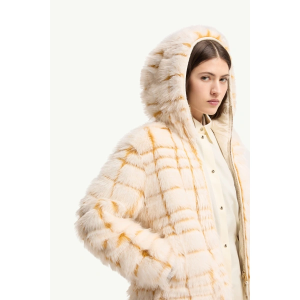 Moncler Pluvier Short Padded Jacket in Off White & Yellow, view 6 | Women's Puffer Jackets | Coveti