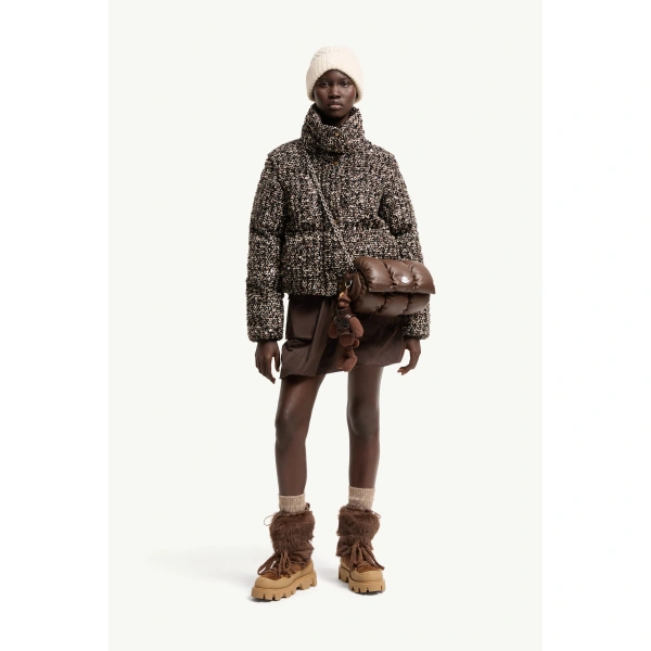 Moncler Poetique 2-in-1 Short Sequin Down Jacket in Brown, view 2 | Women's Puffer Jackets | Coveti