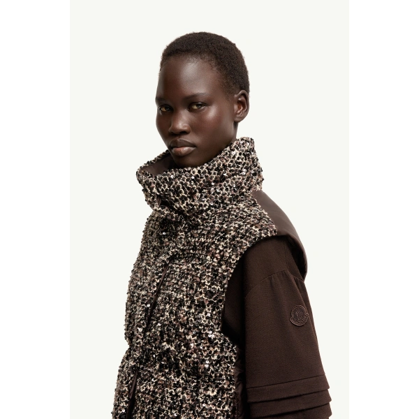 Moncler Poetique 2-in-1 Short Sequin Down Jacket in Brown, view 3 | Women's Puffer Jackets | Coveti
