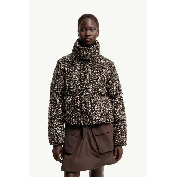 Moncler Poetique 2-in-1 Short Sequin Down Jacket in Brown, view 4 | Women's Puffer Jackets | Coveti