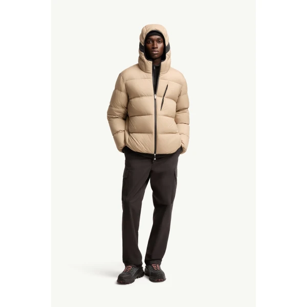 Moncler Poitevin Hooded Short Down Jacket in Beige, view 2 | Men's Jackets | Coveti