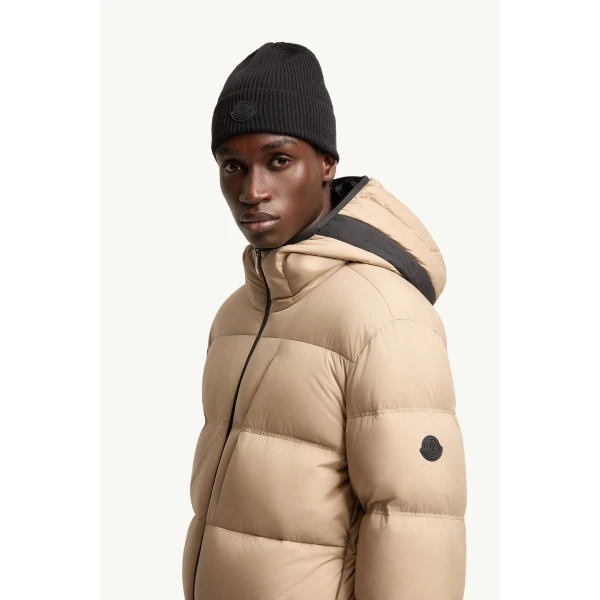 Moncler Poitevin Hooded Short Down Jacket in Beige, view 3 | Men's Jackets | Coveti