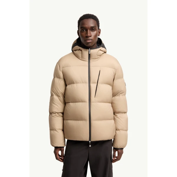 Moncler Poitevin Hooded Short Down Jacket in Beige, view 4 | Men's Jackets | Coveti