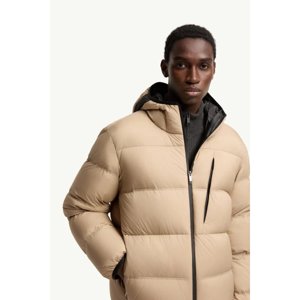 Moncler Poitevin Hooded Short Down Jacket in Beige, view 6 | Men's Jackets | Coveti