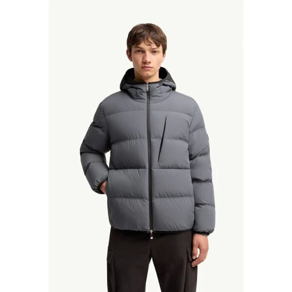 Moncler Poitevin Hooded Short Down Jacket in Gray, view 4 | Men's Jackets | Coveti