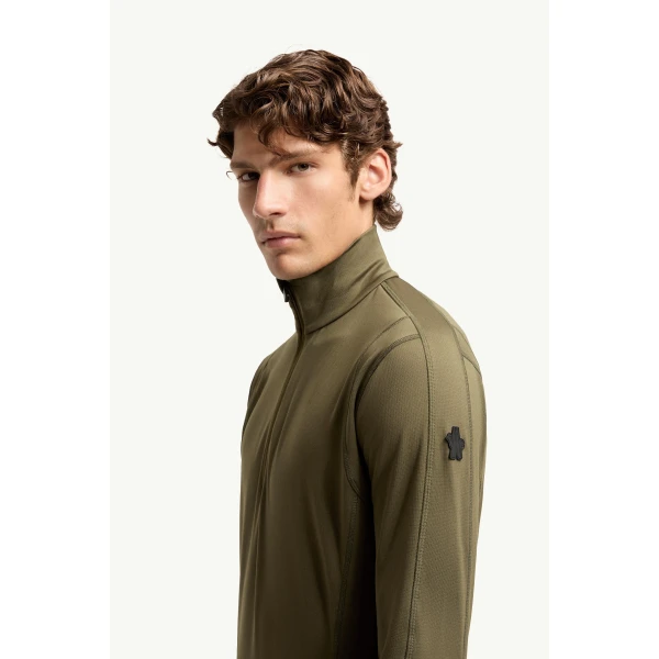 Moncler Polartec Half-Zip Sweatshirt in Olive Green, view 3 | Men's Skiwear | Coveti