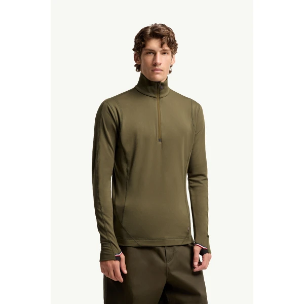 Moncler Polartec Half-Zip Sweatshirt in Olive Green, view 4 | Men's Skiwear | Coveti