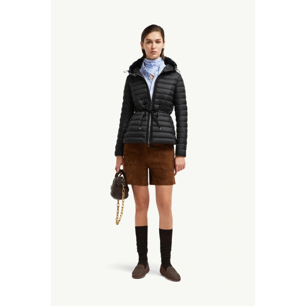 Moncler Raie Hooded Short Down Jacket in Black, view 2 | Women's Puffer Jackets | Coveti