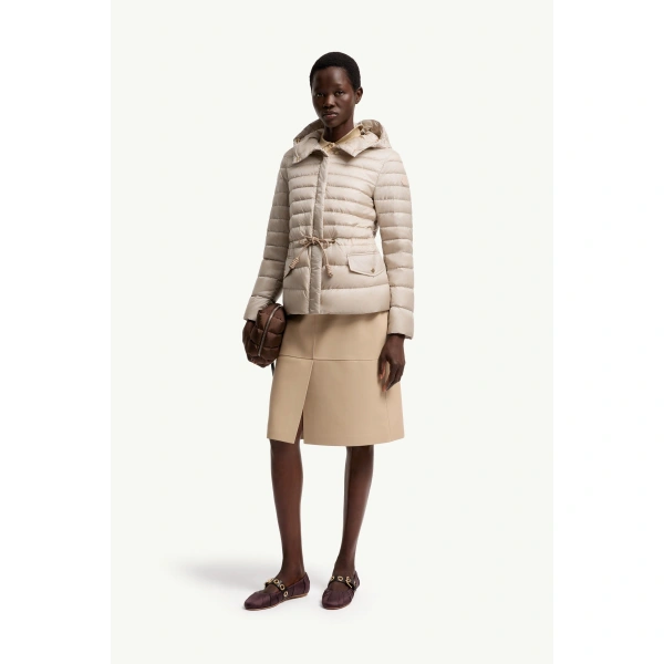 Moncler Raies Hooded Short Down Jacket in Light Beige, view 2 | Women's Puffer Jackets | Coveti