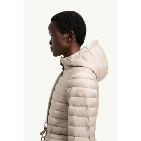 Moncler Raies Hooded Short Down Jacket in Light Beige, view 3 | Women's Puffer Jackets | Coveti