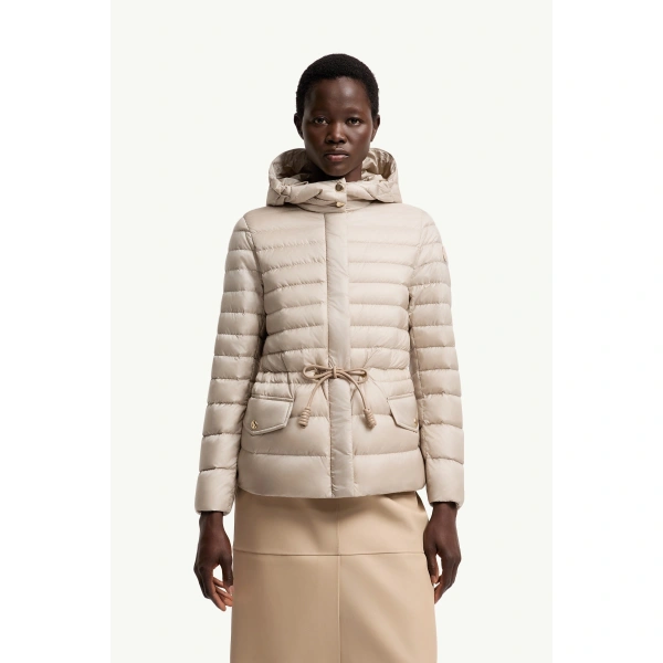 Moncler Raies Hooded Short Down Jacket in Light Beige, view 4 | Women's Puffer Jackets | Coveti