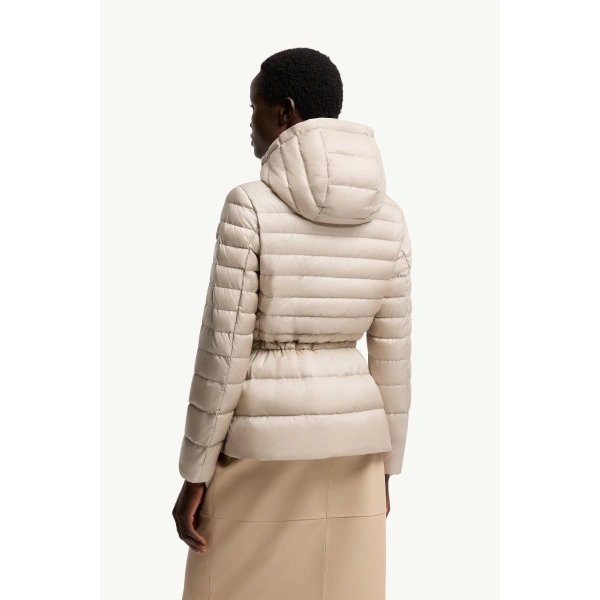 Moncler Raies Hooded Short Down Jacket in Light Beige, view 5 | Women's Puffer Jackets | Coveti
