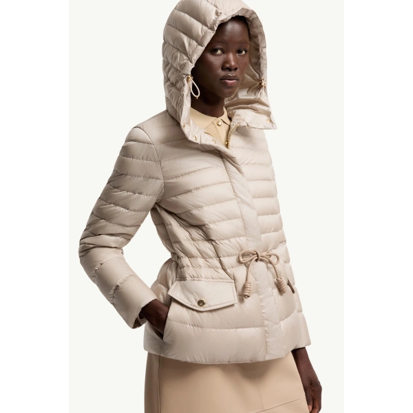 Moncler Raies Hooded Short Down Jacket in Light Beige, view 6 | Women's Puffer Jackets | Coveti