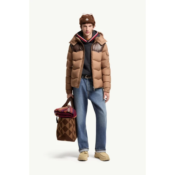 Moncler Ravelis Hooded Zig-Zag Quilted Short Down Jacket in Beige, view 2 | Men's Jackets | Coveti