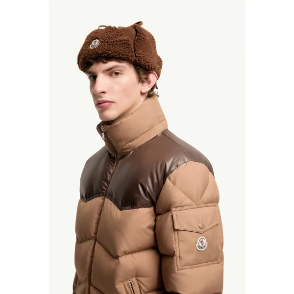 Moncler Ravelis Hooded Zig-Zag Quilted Short Down Jacket in Beige, view 3 | Men's Jackets | Coveti