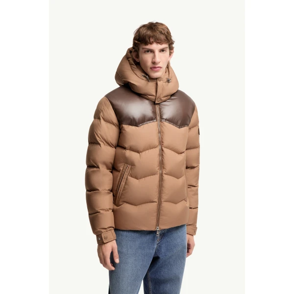 Moncler Ravelis Hooded Zig-Zag Quilted Short Down Jacket in Beige, view 4 | Men's Jackets | Coveti