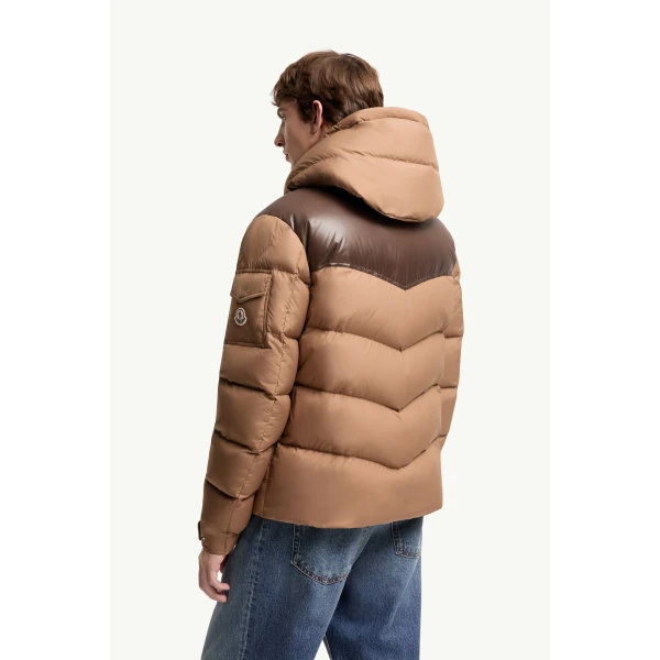 Moncler Ravelis Hooded Zig-Zag Quilted Short Down Jacket in Beige, view 5 | Men's Jackets | Coveti
