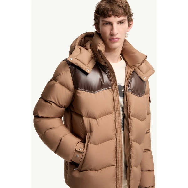 Moncler Ravelis Hooded Zig-Zag Quilted Short Down Jacket in Beige, view 6 | Men's Jackets | Coveti