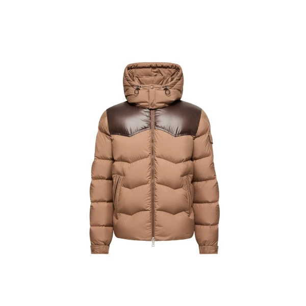Moncler Ravelis Hooded Zig-Zag Quilted Short Down Jacket in Beige | Men's Jackets | Coveti