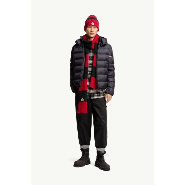 Moncler Ravenlock Hooded Short Down Jacket in Dark Blue, view 2 | Men's Jackets | Coveti