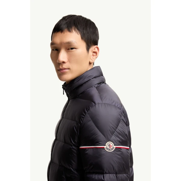Moncler Ravenlock Hooded Short Down Jacket in Dark Blue, view 3 | Men's Jackets | Coveti