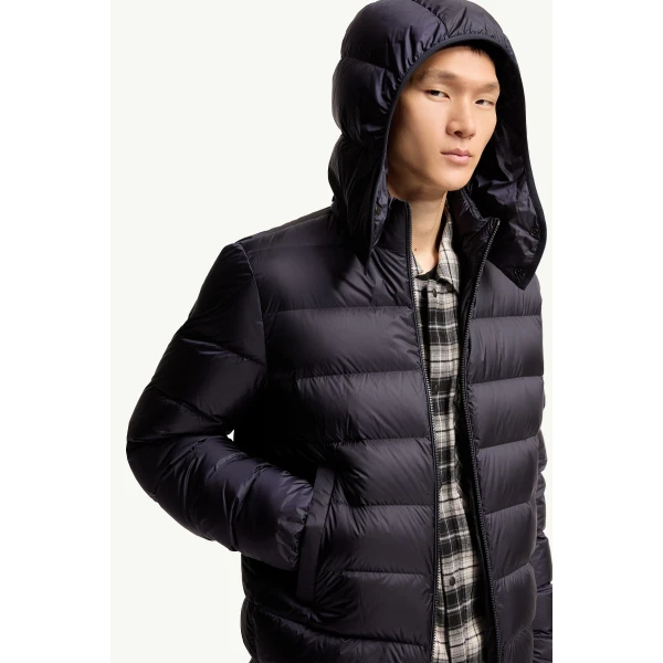 Moncler Ravenlock Hooded Short Down Jacket in Dark Blue, view 6 | Men's Jackets | Coveti