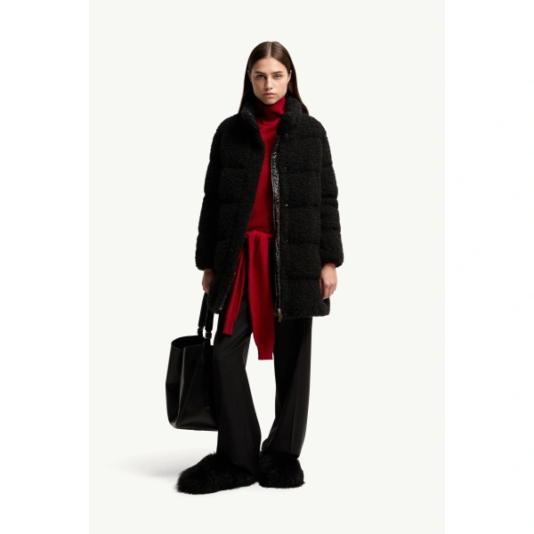 Moncler Remarquable Tweed Mid-Length Down Jacket in Black, view 2 | Women's Puffer and Down Coats | Coveti