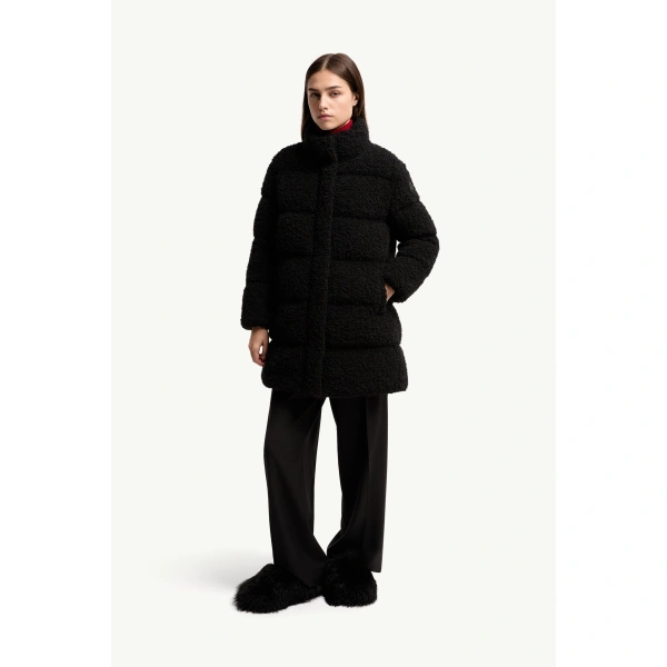 Moncler Remarquable Tweed Mid-Length Down Jacket in Black, view 4 | Women's Puffer and Down Coats | Coveti