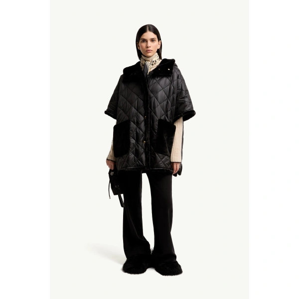 Moncler Reversible Hooded Cape in Black, view 2 | Women's Cape Coats | Coveti