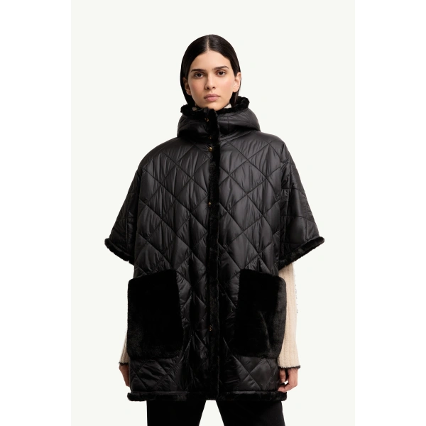 Moncler Reversible Hooded Cape in Black, view 4 | Women's Cape Coats | Coveti