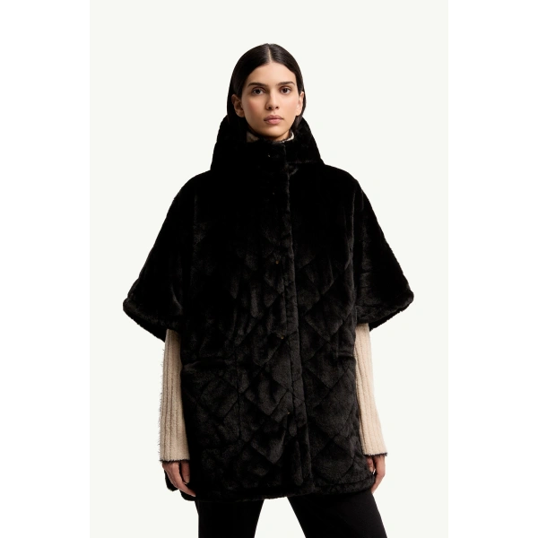 Moncler Reversible Hooded Cape in Black, view 6 | Women's Cape Coats | Coveti