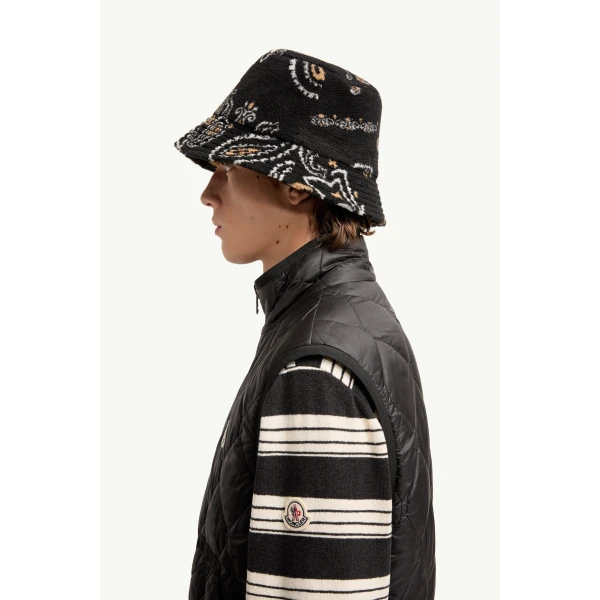 Moncler Reversible Paisley Print Padded Teddy Gilet in Black, view 3 | Men's Jackets | Coveti