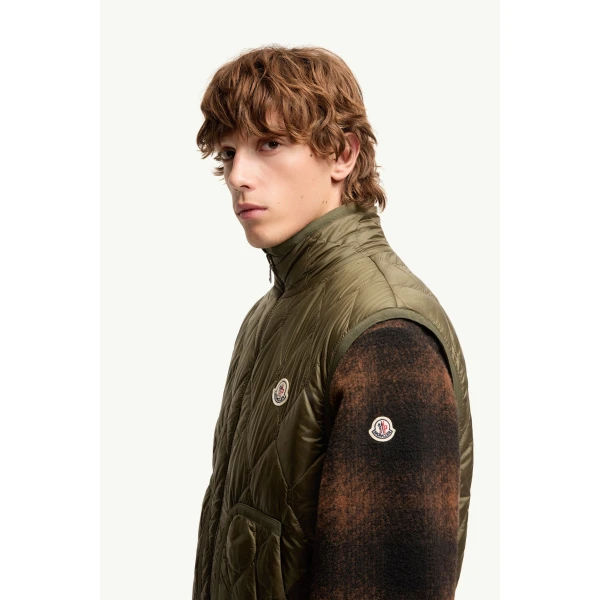 Moncler Reversible Paisley Print Padded Teddy Gilet in Brown & Green, view 3 | Men's Jackets | Coveti