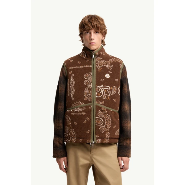 Moncler Reversible Paisley Print Padded Teddy Gilet in Brown & Green, view 4 | Men's Jackets | Coveti