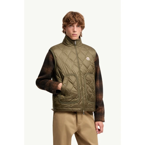 Moncler Reversible Paisley Print Padded Teddy Gilet in Brown & Green, view 6 | Men's Jackets | Coveti