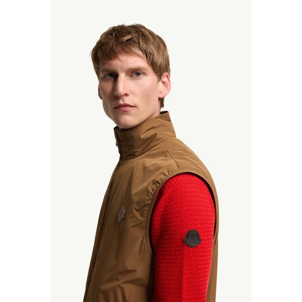Moncler Reversible Zip-Up Gilet in Light Brown, view 3 | Men's Jackets | Coveti