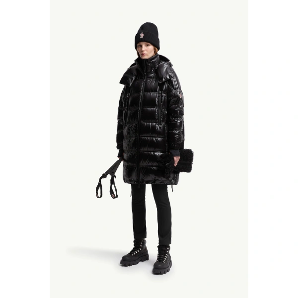 Moncler Rochelairs Hooded Long Down Jacket in Black, view 2 | Women's Puffer and Down Coats | Coveti