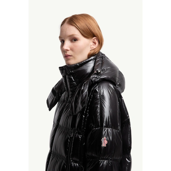 Moncler Rochelairs Hooded Long Down Jacket in Black, view 3 | Women's Puffer and Down Coats | Coveti