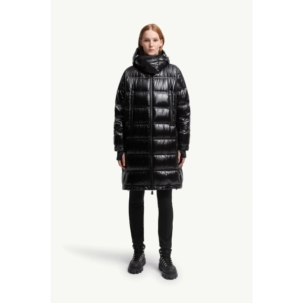 Moncler Rochelairs Hooded Long Down Jacket in Black, view 4 | Women's Puffer and Down Coats | Coveti