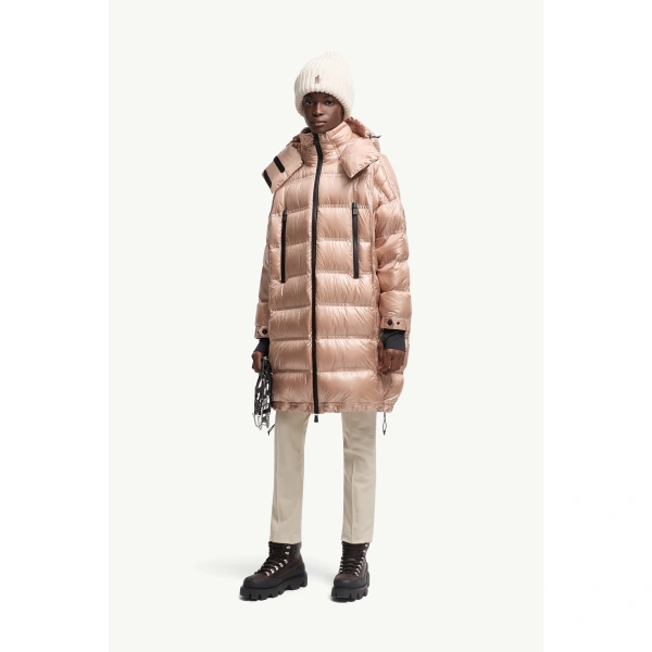 Moncler Rochelairs Hooded Long Down Jacket in Dusty Pink, view 2 | Women's Puffer and Down Coats | Coveti
