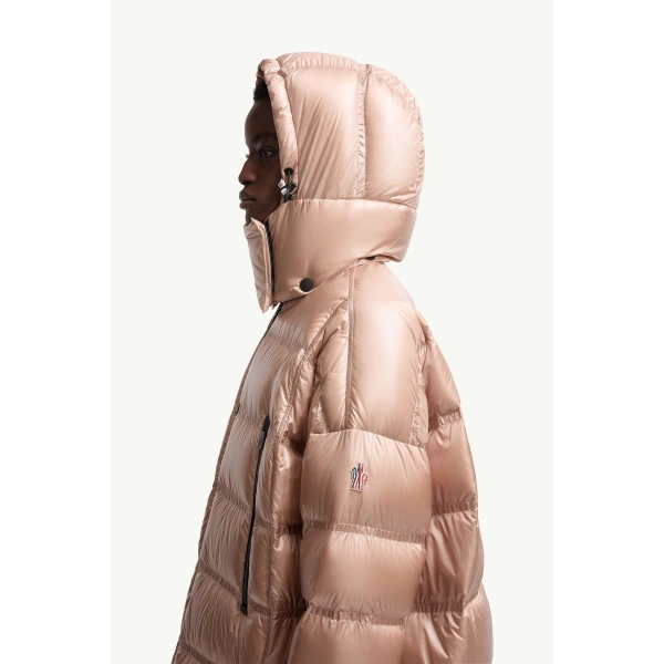Moncler Rochelairs Hooded Long Down Jacket in Dusty Pink, view 3 | Women's Puffer and Down Coats | Coveti