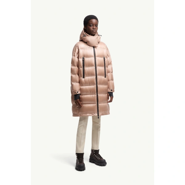 Moncler Rochelairs Hooded Long Down Jacket in Dusty Pink, view 4 | Women's Puffer and Down Coats | Coveti