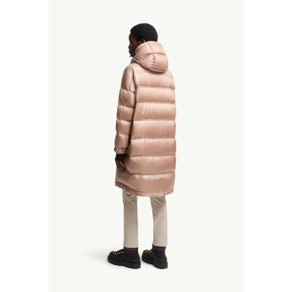 Moncler Rochelairs Hooded Long Down Jacket in Dusty Pink, view 5 | Women's Puffer and Down Coats | Coveti