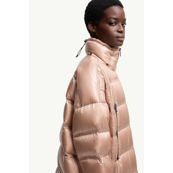 Moncler Rochelairs Hooded Long Down Jacket in Dusty Pink, view 6 | Women's Puffer and Down Coats | Coveti