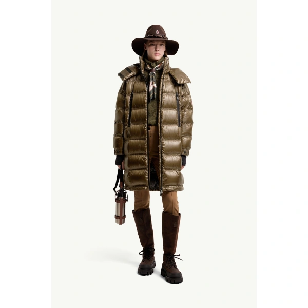 Moncler Rochelairs Hooded Long Down Jacket in Olive Green, view 2 | Women's Puffer and Down Coats | Coveti