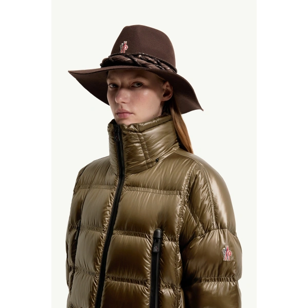 Moncler Rochelairs Hooded Long Down Jacket in Olive Green, view 3 | Women's Puffer and Down Coats | Coveti