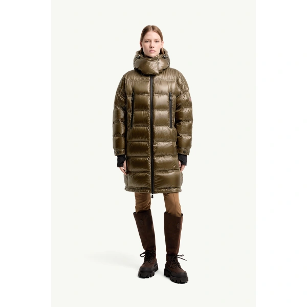 Moncler Rochelairs Hooded Long Down Jacket in Olive Green, view 4 | Women's Puffer and Down Coats | Coveti