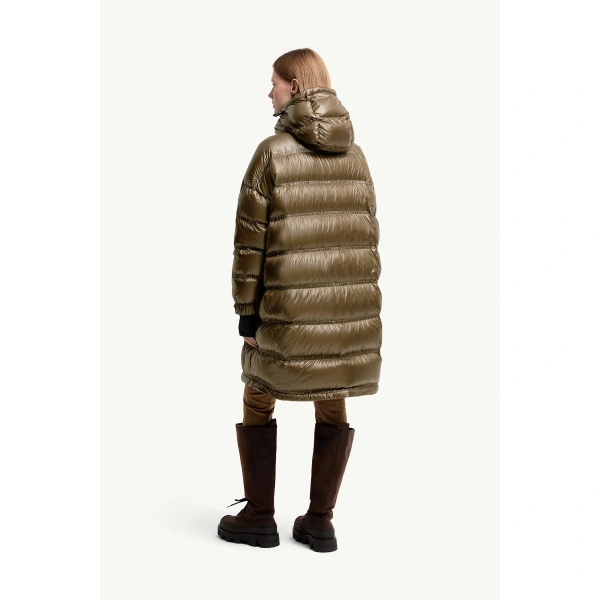 Moncler Rochelairs Hooded Long Down Jacket in Olive Green, view 5 | Women's Puffer and Down Coats | Coveti